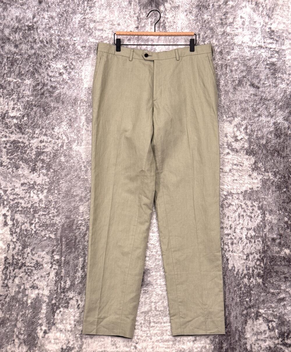 Proper Cloth Pants 36 x 34 Mens Italian Cotton Linen Canvas Green Slim Trouser